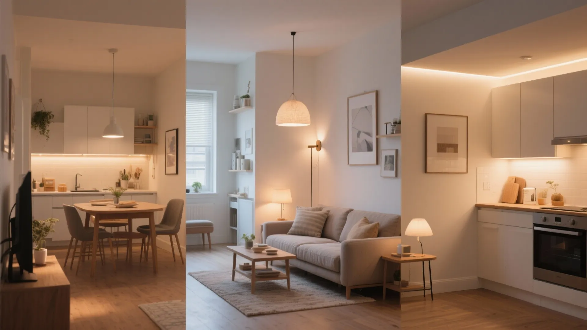 Open-plan small home showing layered living room light, kitchen task glow, airy pendant, sconces, and cove lighting.