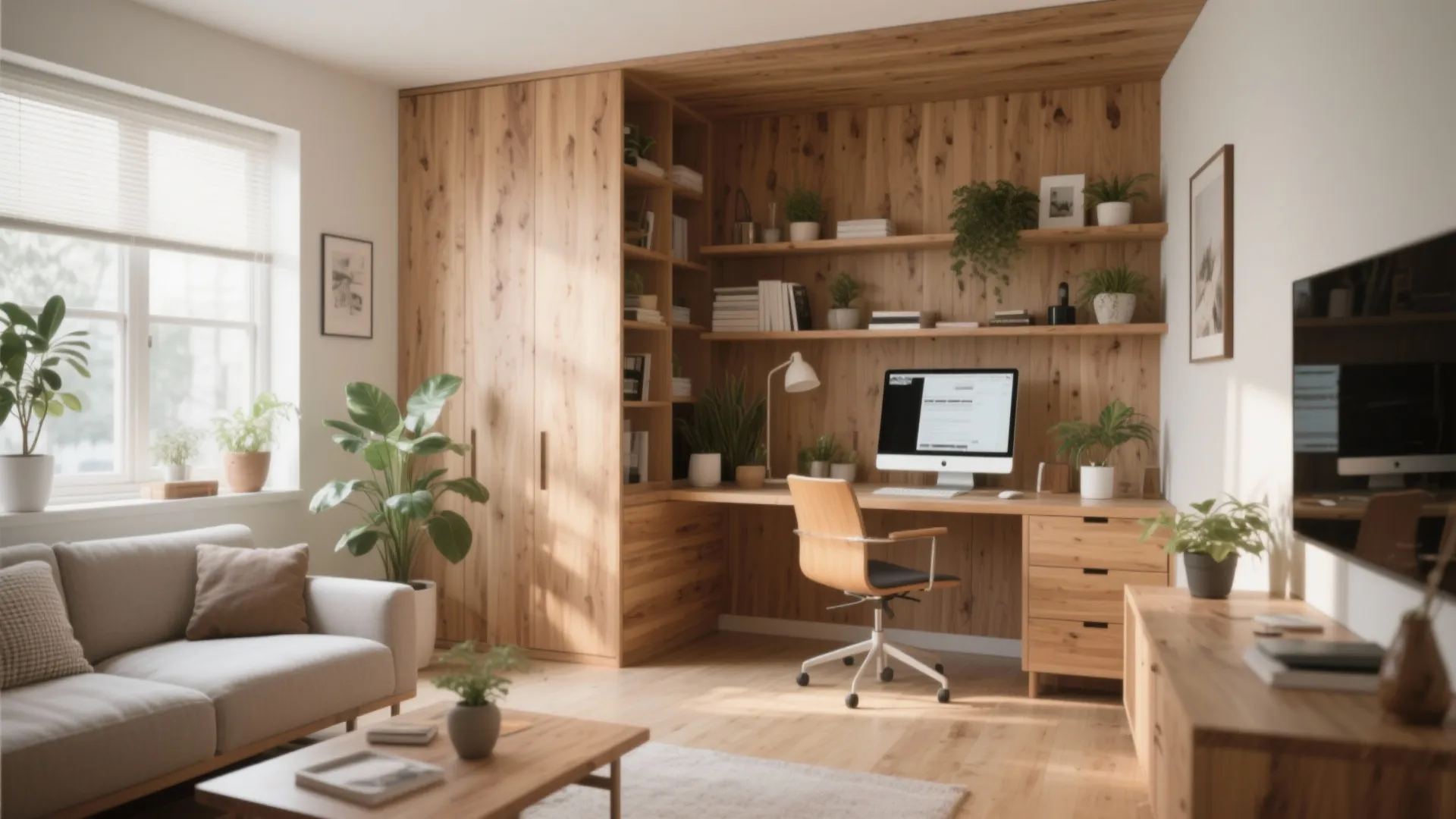 Integrated wooden home office desk with shelves, computer, green plants, and a comfortable grey sofa
