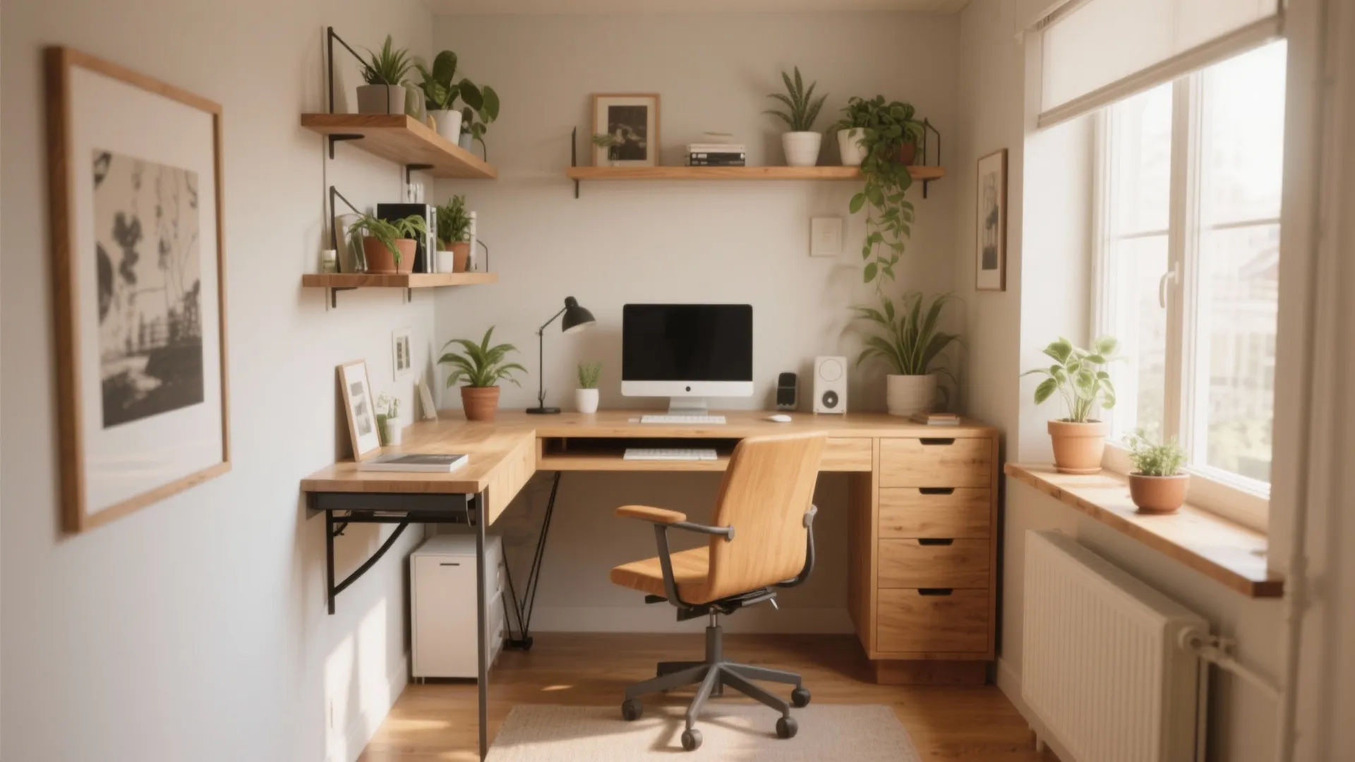 Bright home office with wooden corner desk computer chair potted plants wall shelves and natural light