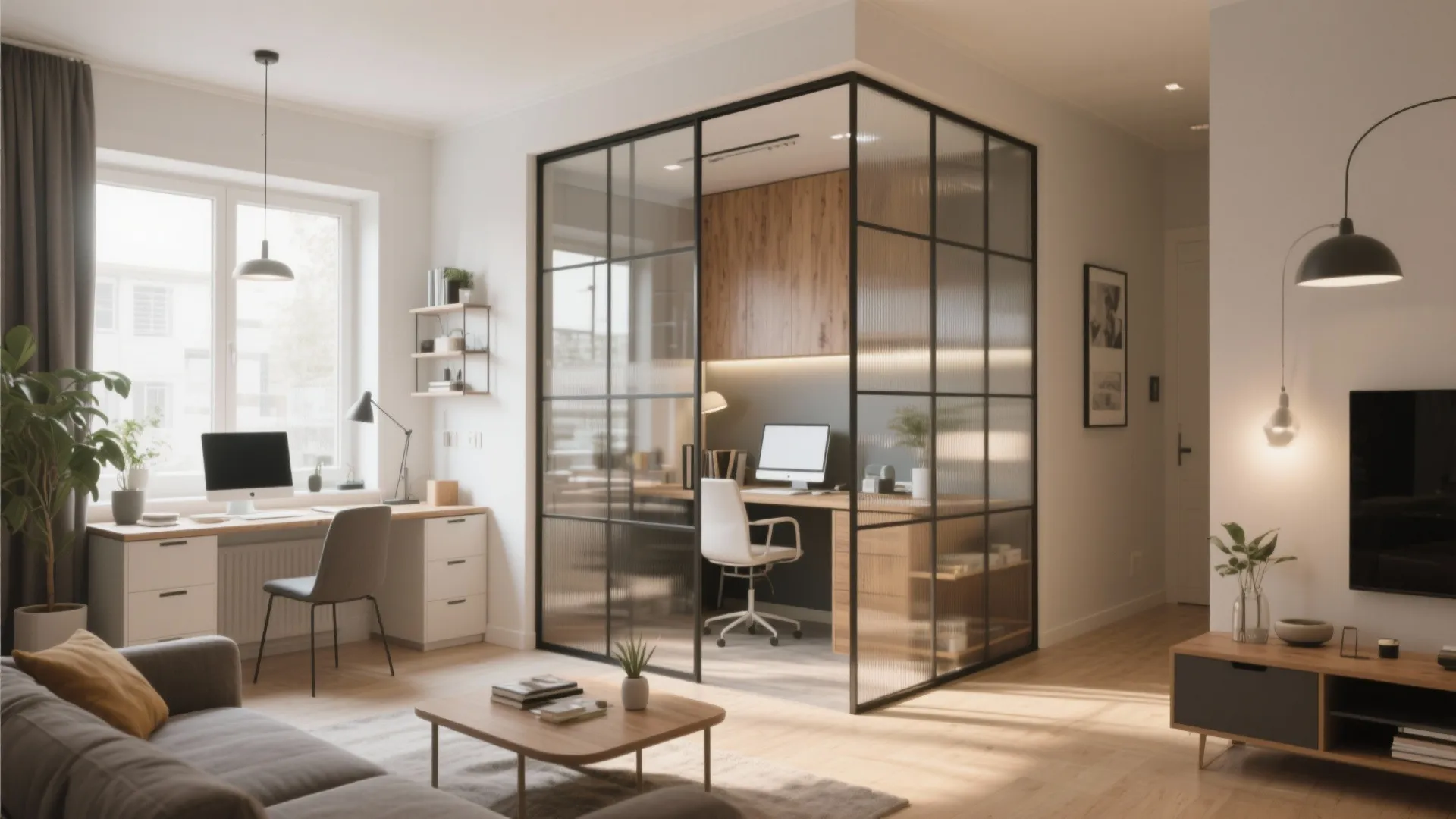 Modern home office with glass partition walls wooden desk white chair and black ceiling light