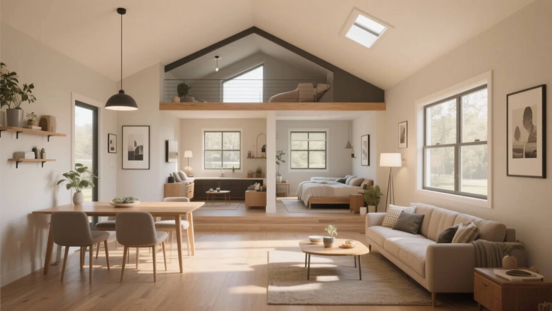 Modern open plan house with living room dining area and loft bedroom under high ceiling