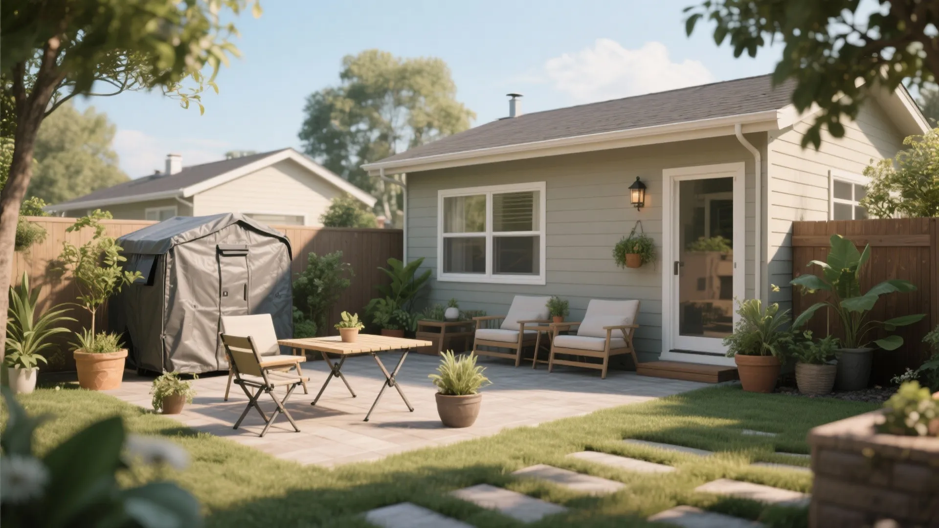 Backyard of small home with foldable chairs and storage