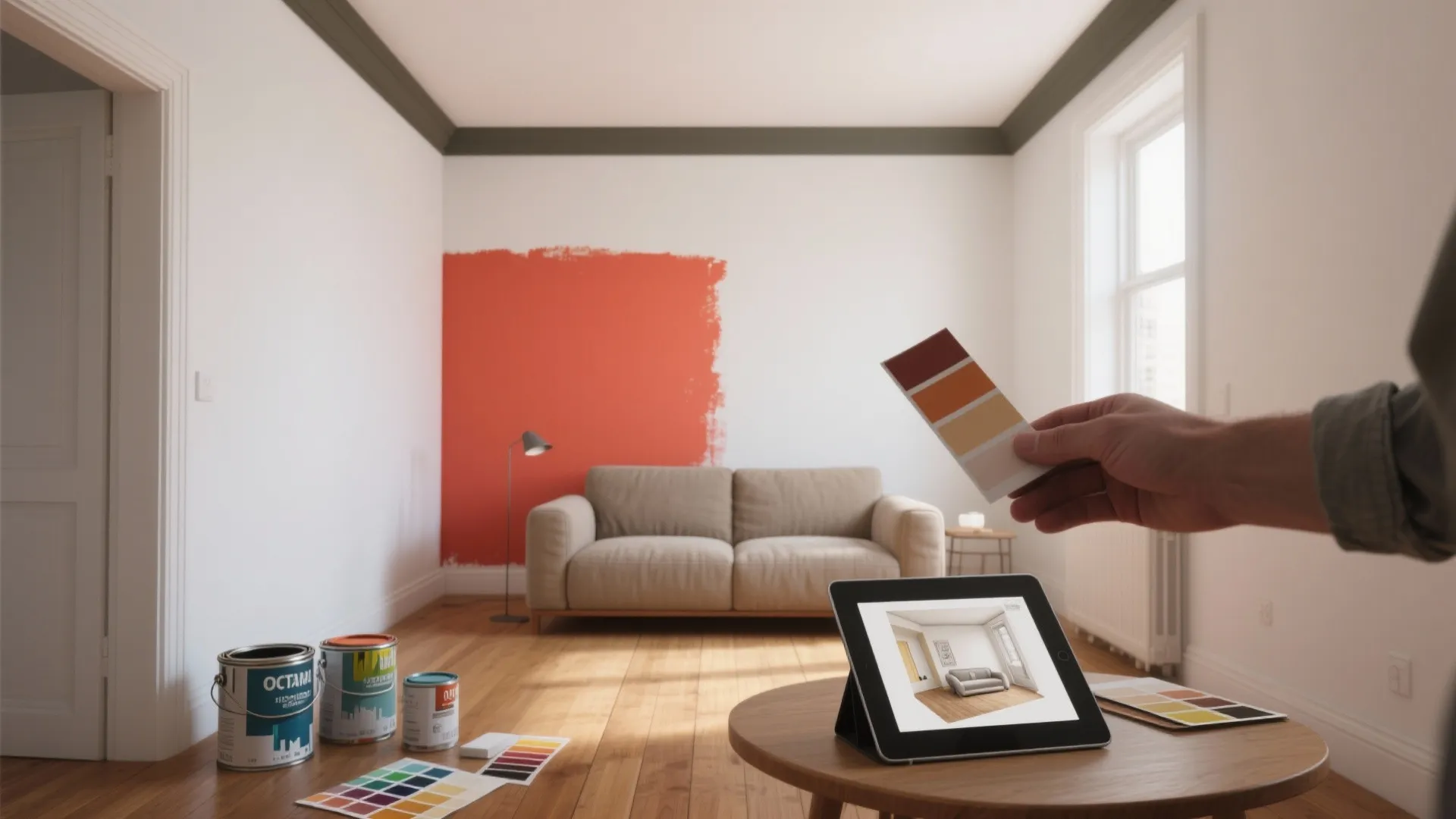Hand holding color cards in living room with beige sofa paint cans and tablet design