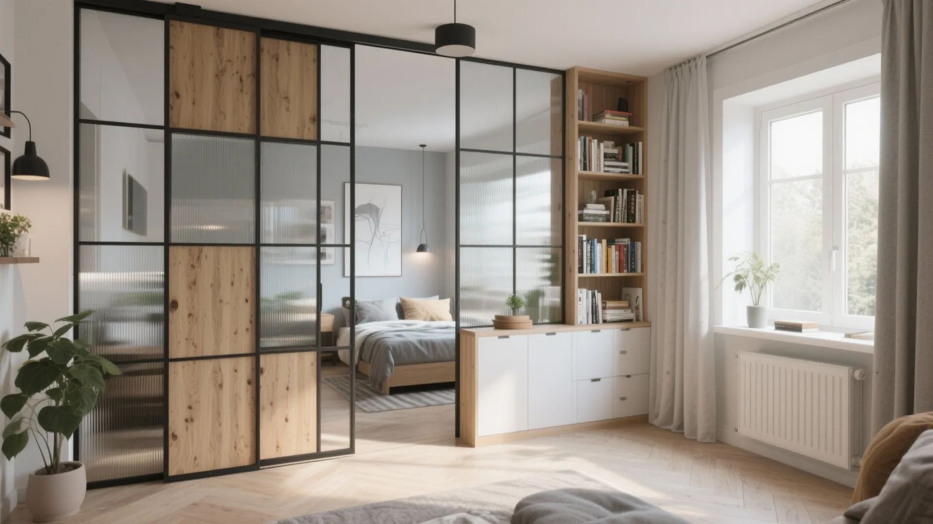 Studio apartment with wood and glass room divider next to a white cabinet and wooden bookshelf