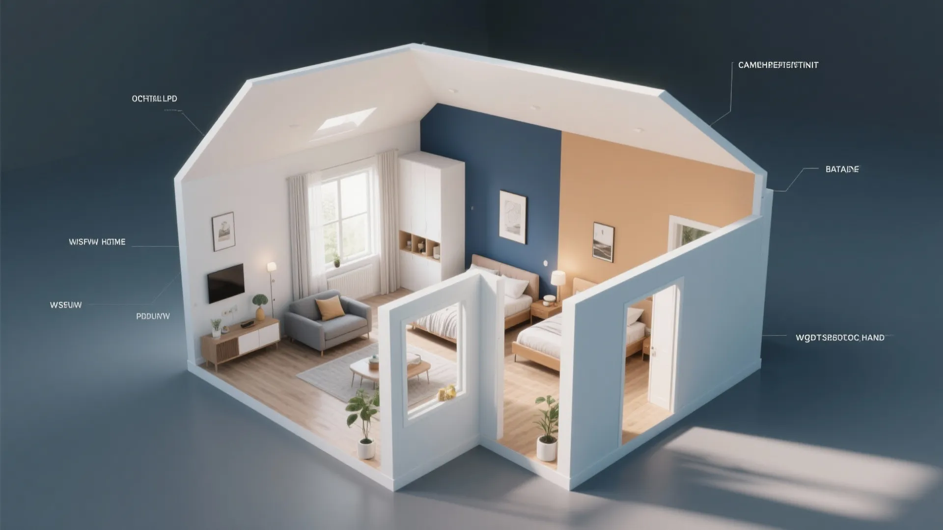 Top-down compact home layout showing light neutrals, a navy accent wall, two-tone split, and color zones.