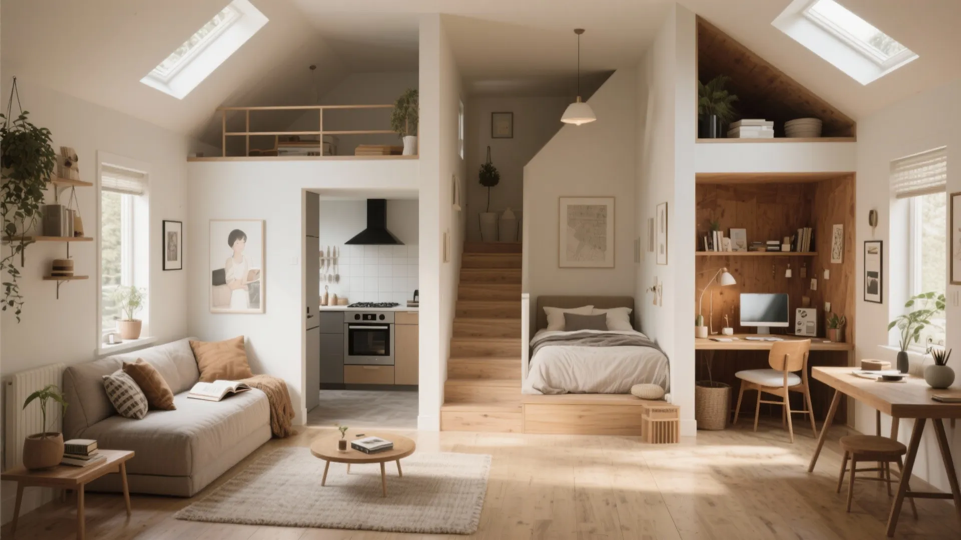 Small studio apartment with wooden floor kitchen sofa desk bed stairs and natural light from windows