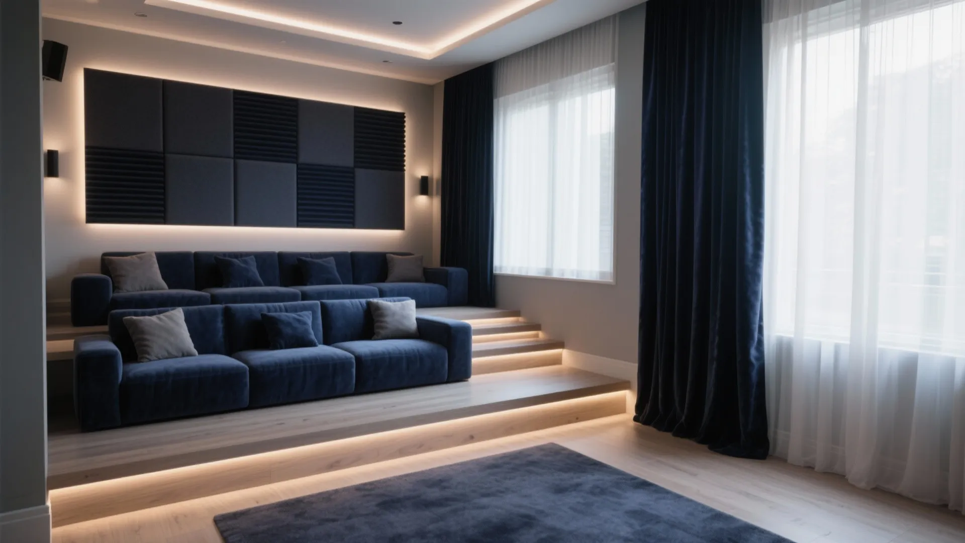 Modern home theater room with tiered blue sofa seating wooden floors and dark window curtains
