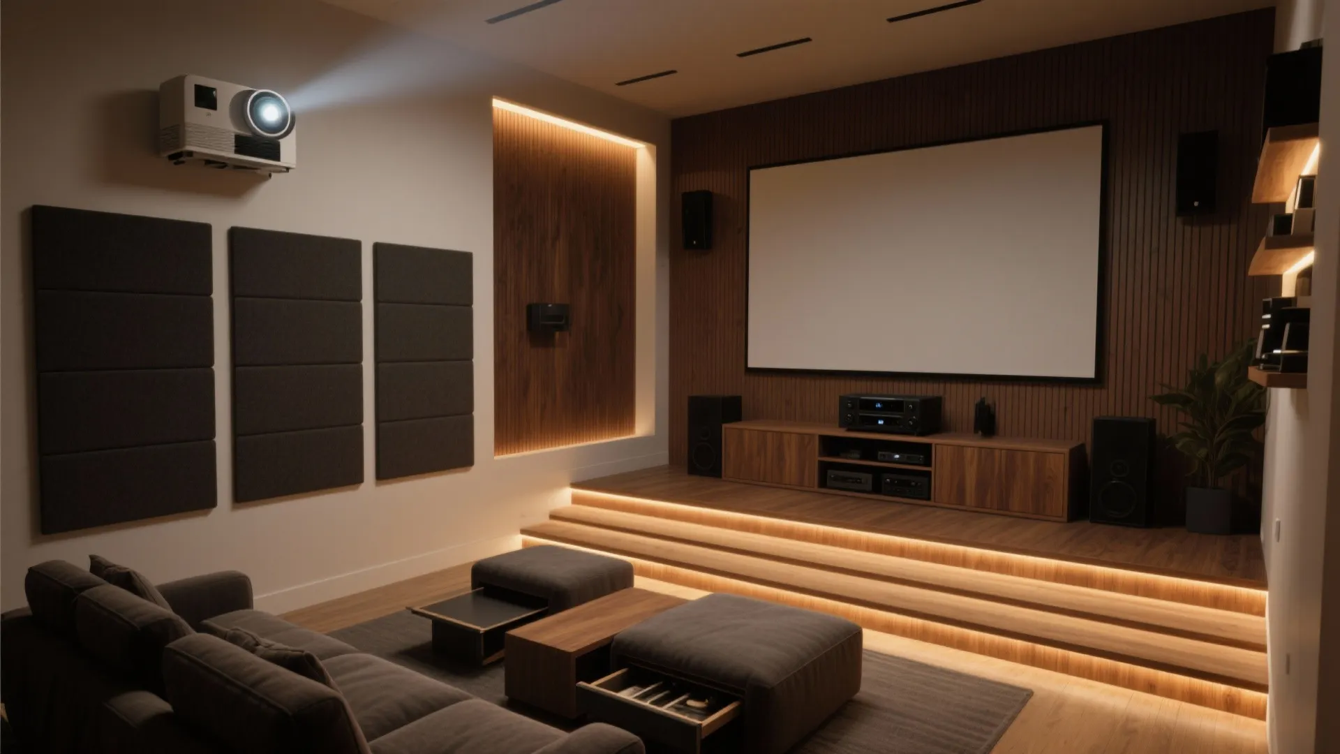 Small home theater room with wood wall panels large screen and sofa with two footrests