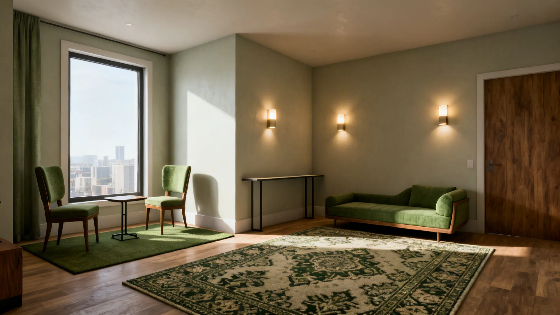 Small condo with a window-side drawing nook and a media-side living zone defined by different rugs and lighting.