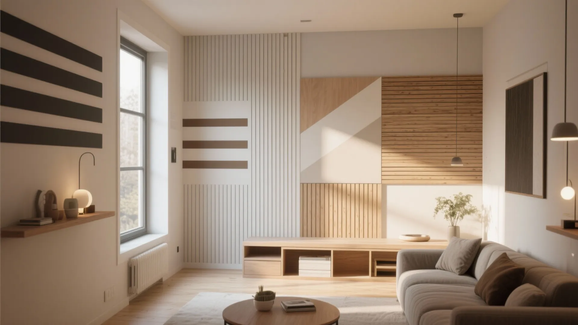 Modern living room with grey sofa wooden coffee table creative wall panel and light fixtures