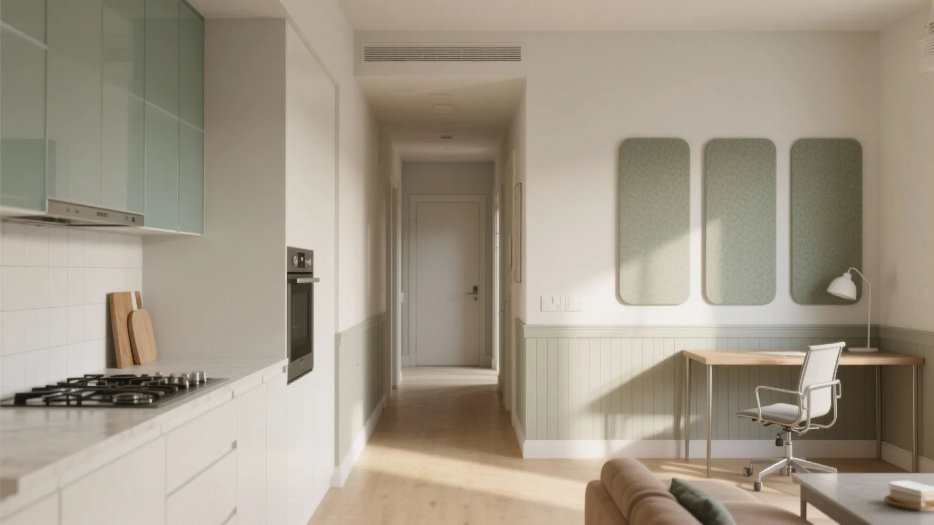 Modern white kitchen featuring green wall panels with a desk chair and a long hallway