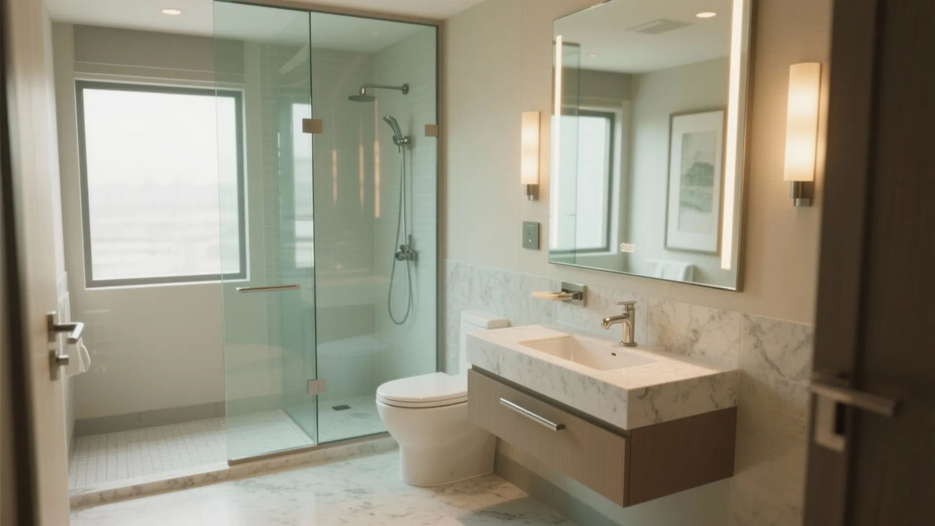 Modern bathroom with glass shower door toilet white marble sink wooden cabinet and wall light