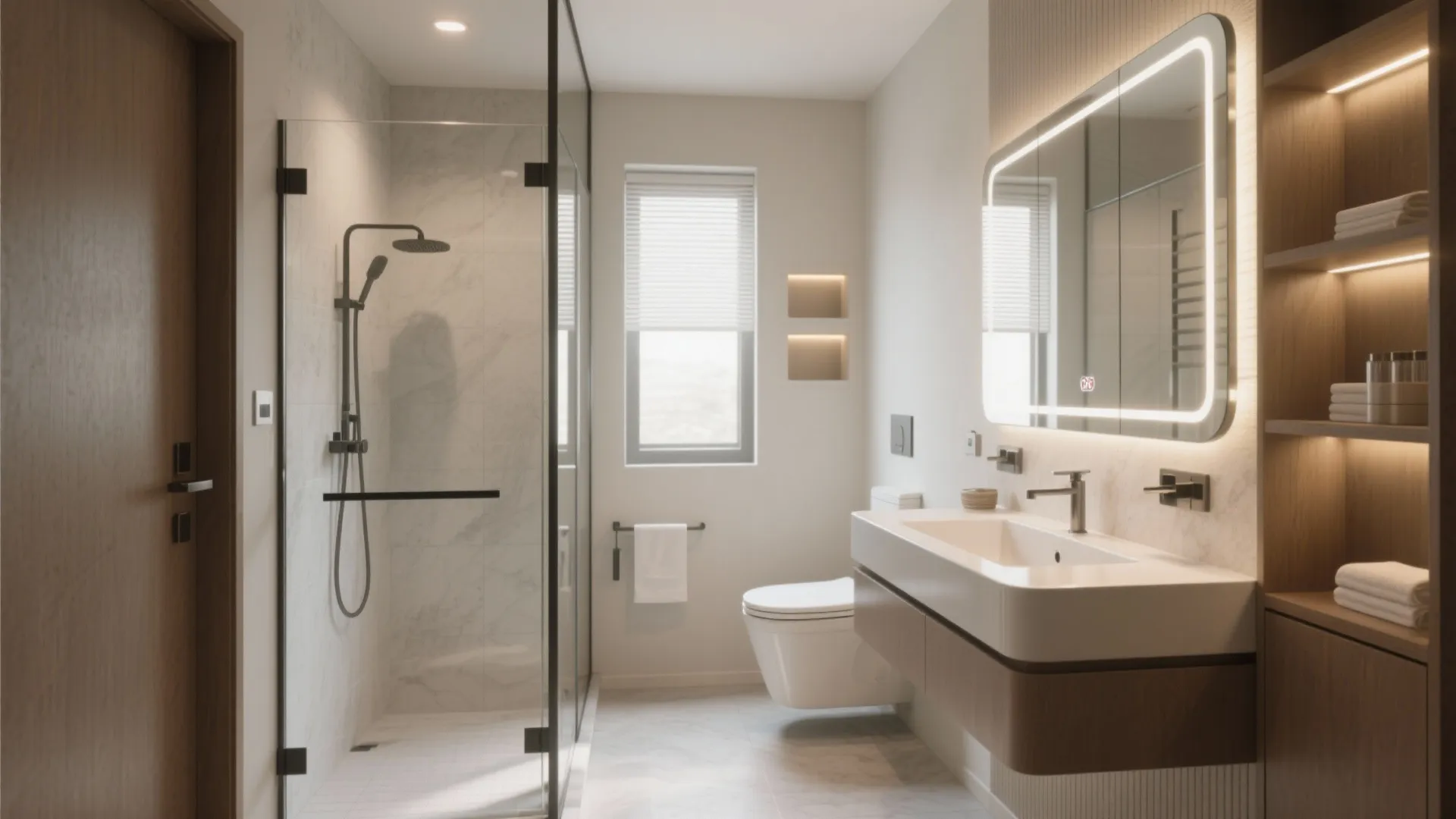 Modern bathroom with glass shower door white toilet wooden cabinet and mirror with built-in light