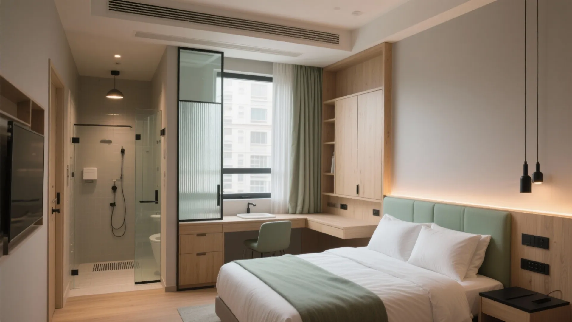 Modern hotel room with white bed green headboard wooden desk glass shower and light wood floor