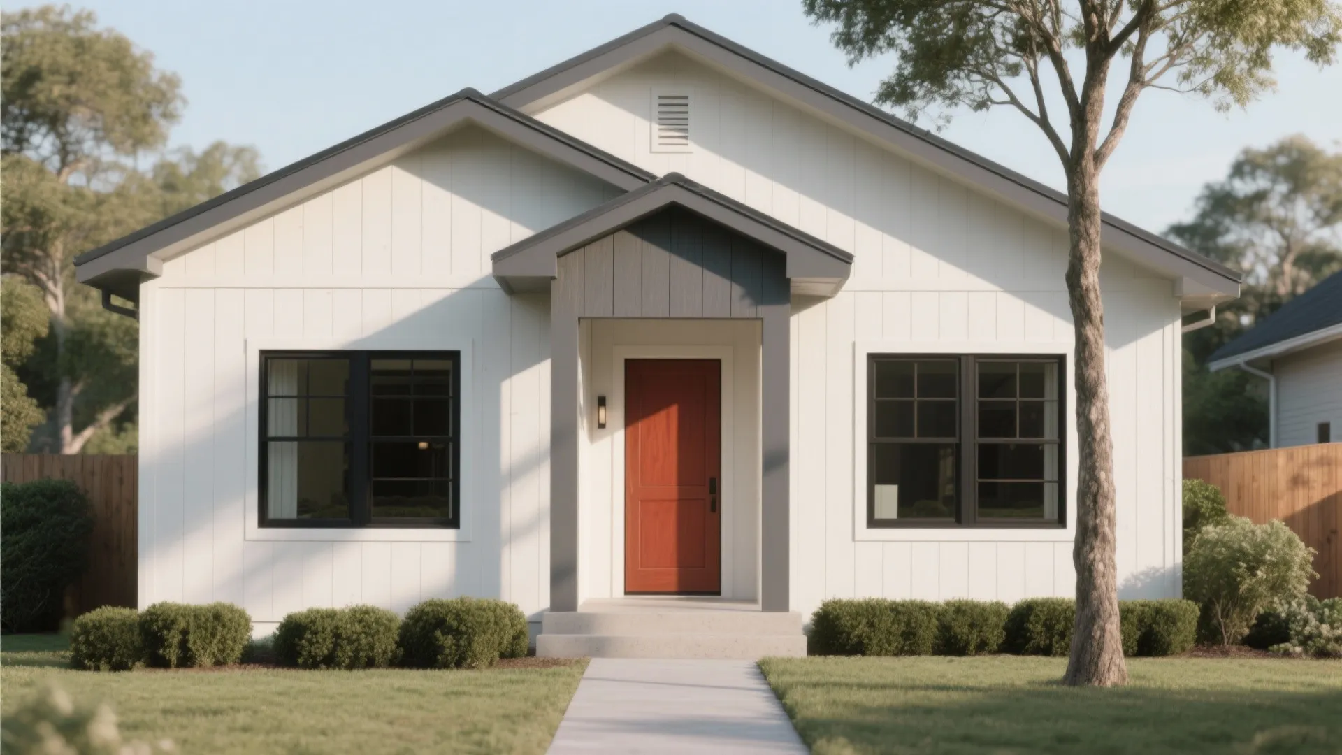 Modern white small house with a red front door grey roof black windows and lawn