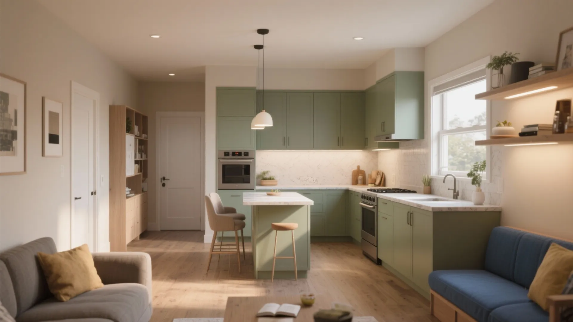 Modern kitchen with green cabinets wooden floor white island blue sofa and warm ceiling lights
