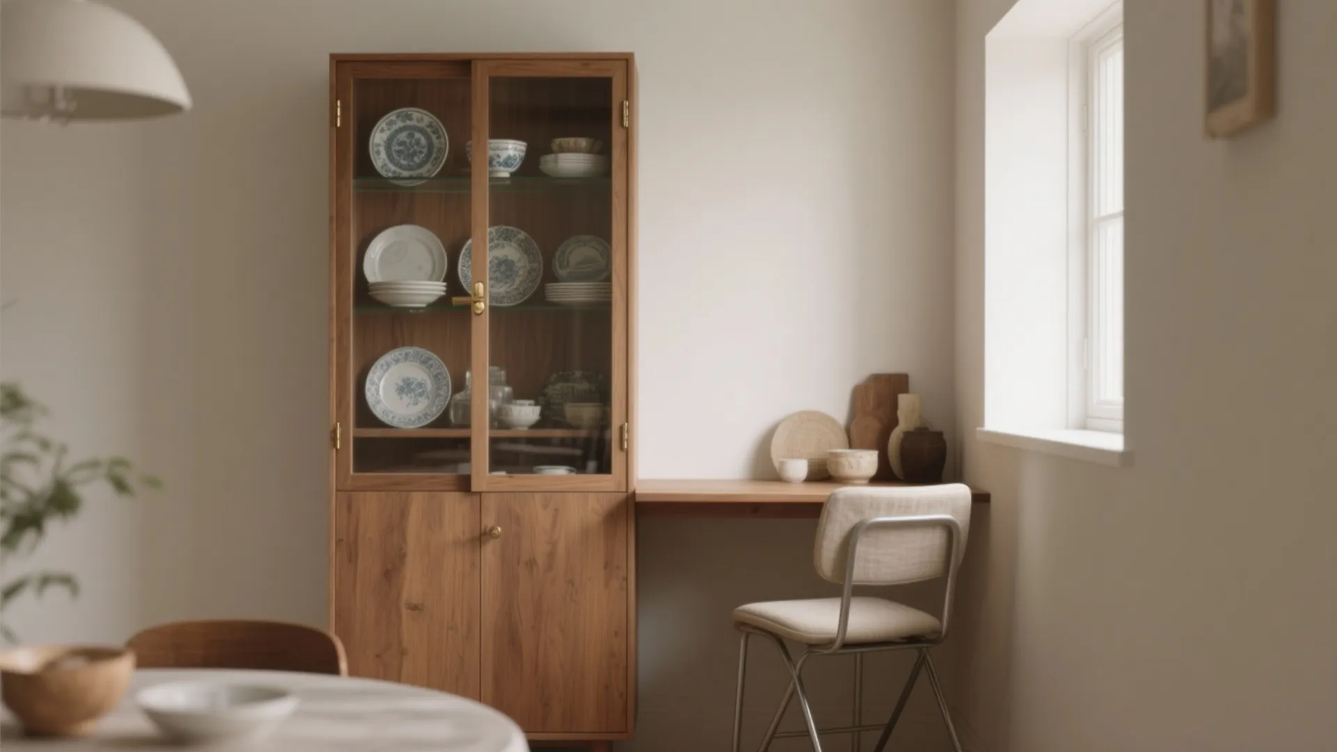 Wooden cabinet with glass doors displaying plates next to a simple desk and white chair