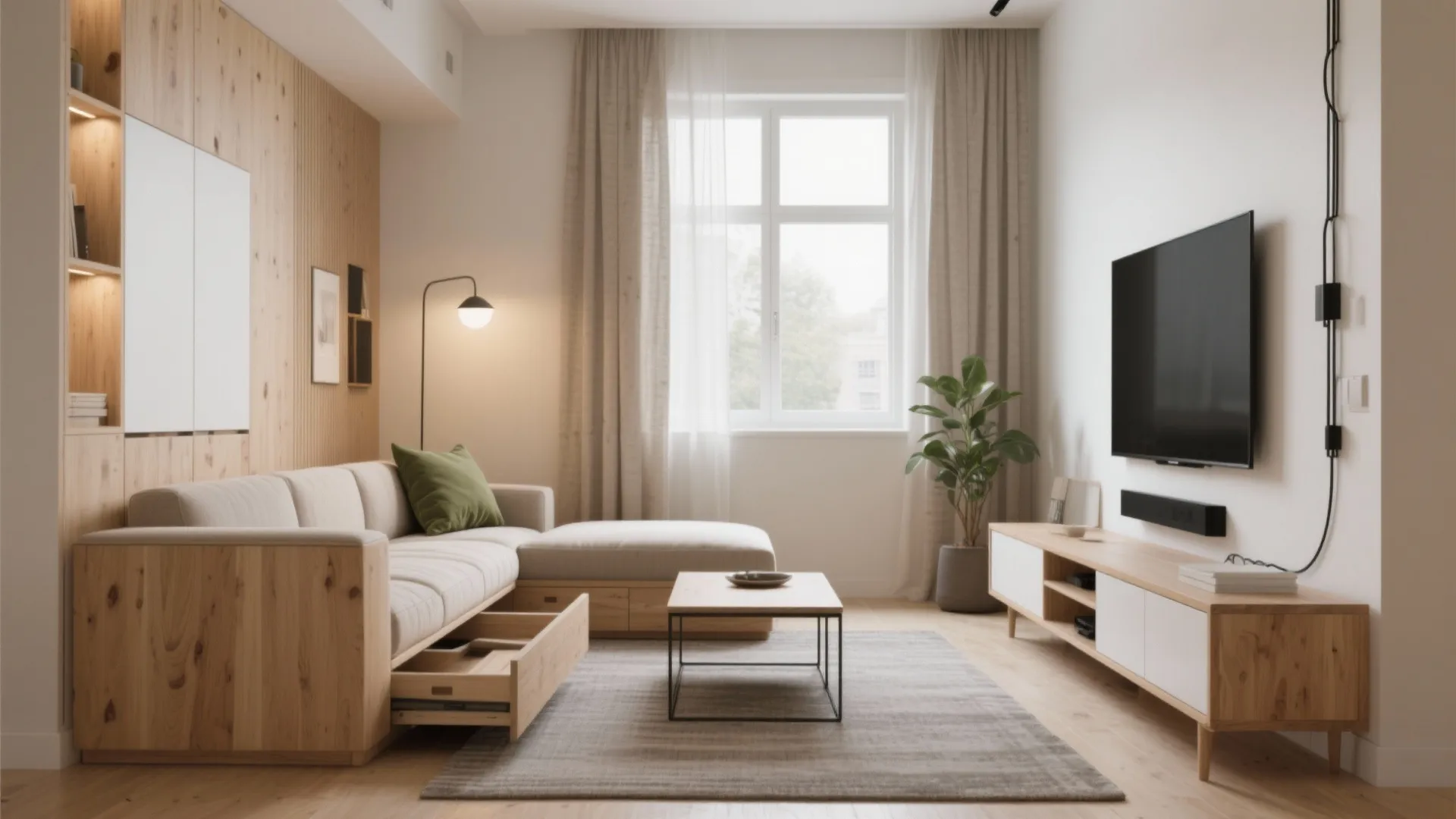 Modern living room with wood wall panel sofa coffee table television stand and large bright window