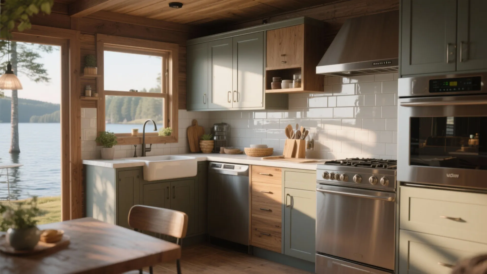 Modern kitchen with green cabinets wooden walls white tile backsplash and view of a lake