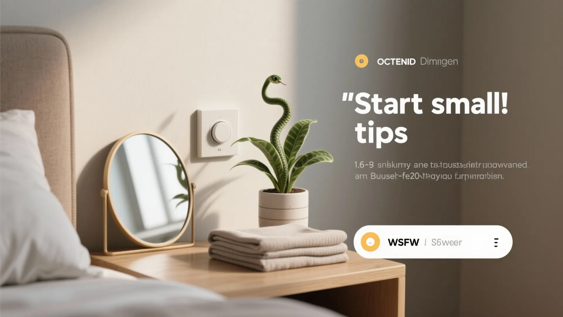 Interior design graphic showing small bedside table with mirror plant folded towels and light switch