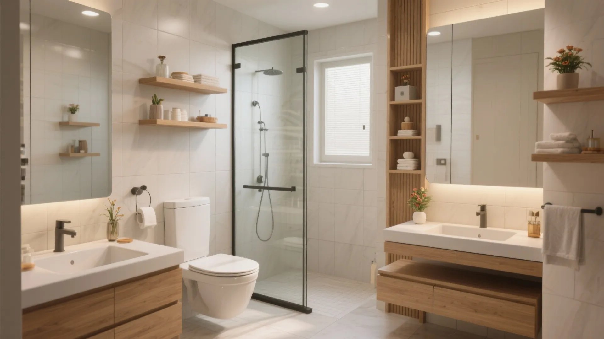 Bright modern bathroom with glass shower door plus double wood cabinets and a white toilet
