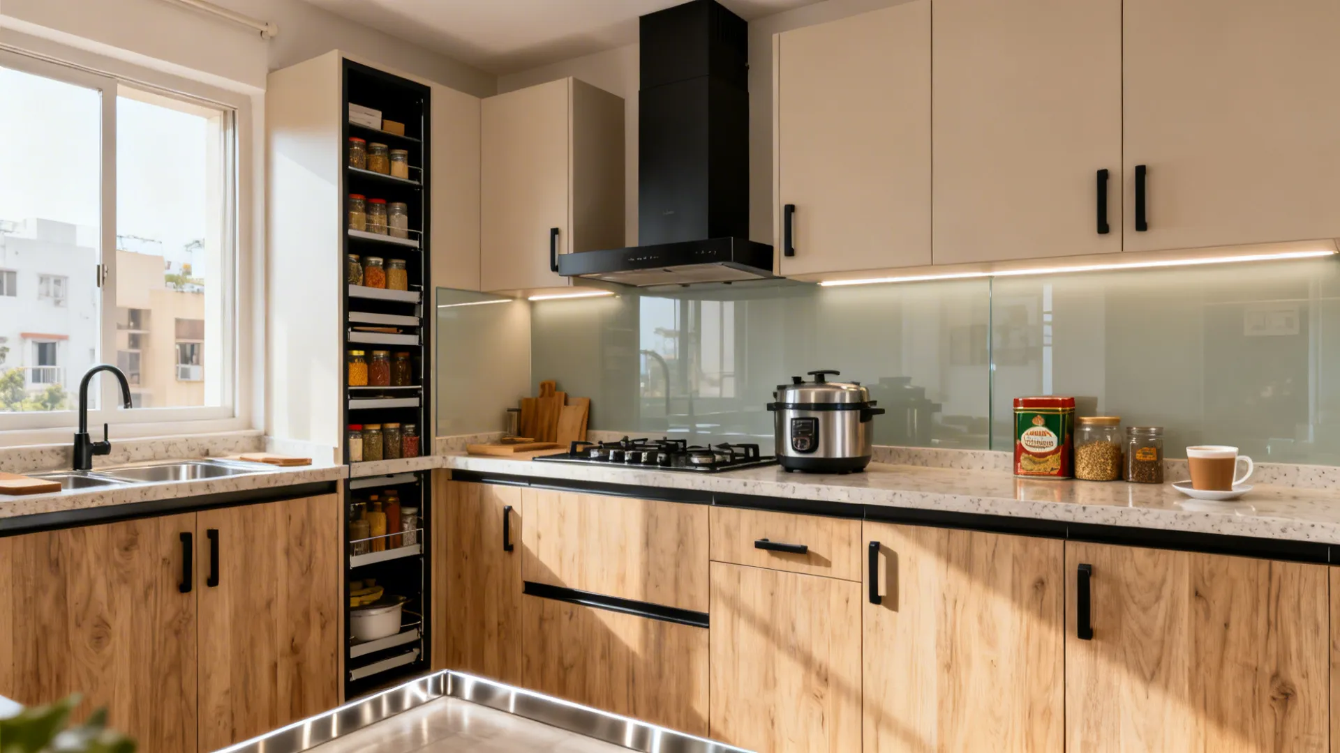 Kitchen design with wooden cabinets, white upper units, pull-out spice rack, black hood, and window