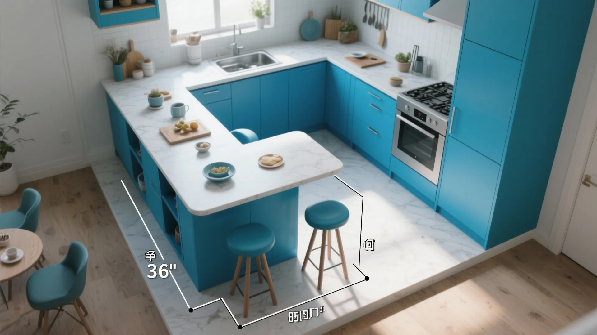 Top view of blue kitchen layout showing 36 inch measurement white countertop and blue stools