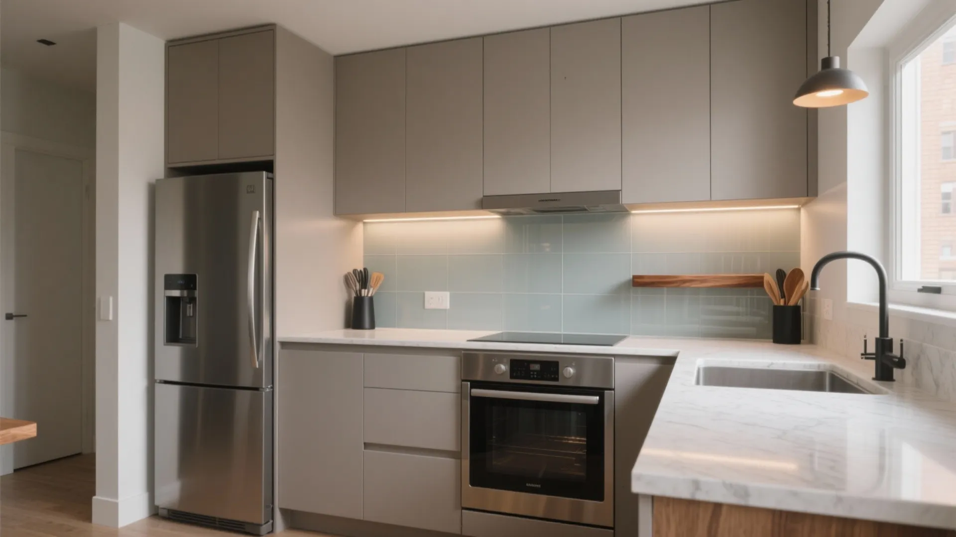 Modern kitchen with grey cabinets stainless steel fridge oven marble countertop and blue wall tiles