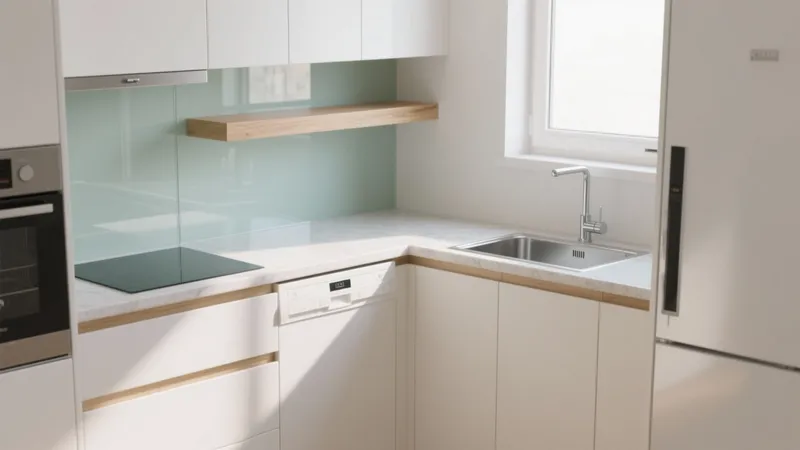 Modern White Kitchen with Wood Accent and Mint Glass Backsplash