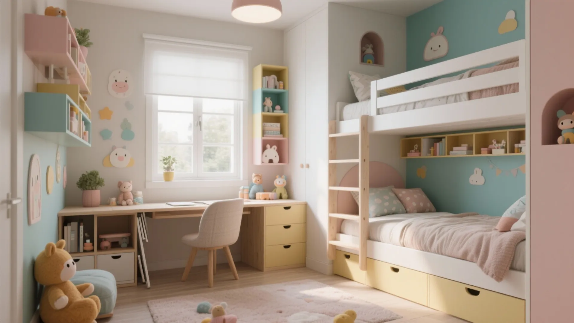 Bright kids bedroom with bunk bed wooden desk study chair ceiling light and window view