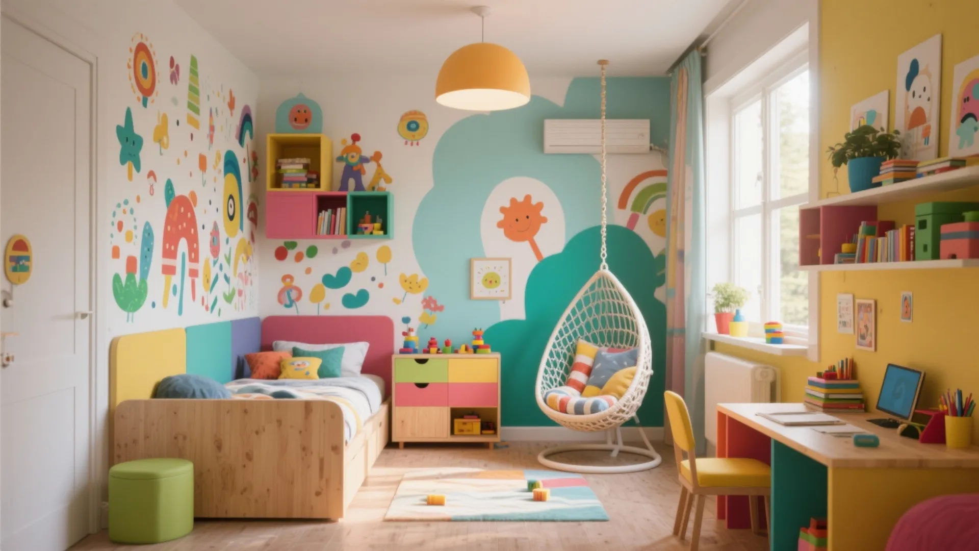 Small colorful kids bedroom featuring wooden bed wall art hanging chair and yellow study desk area