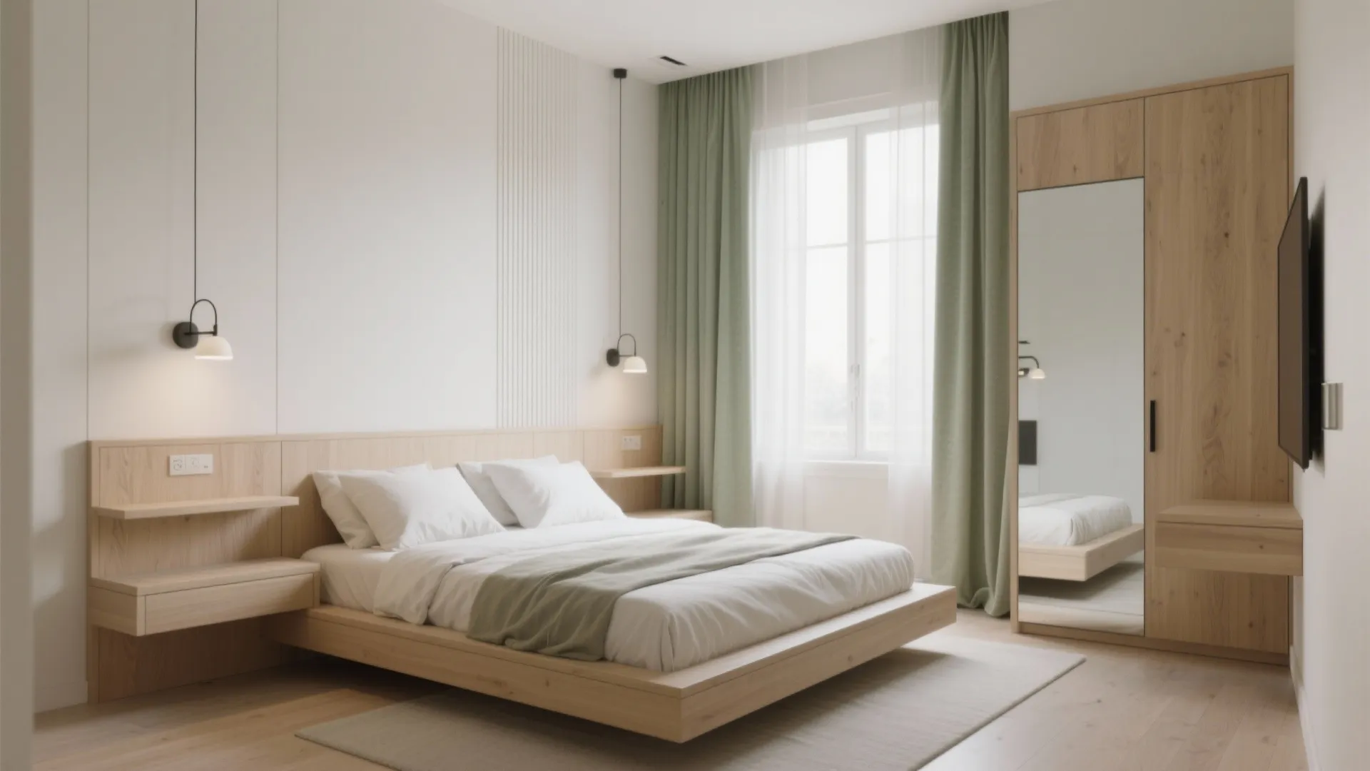 Modern bedroom with wooden bed green curtains light fixture wall light and a large cabinet