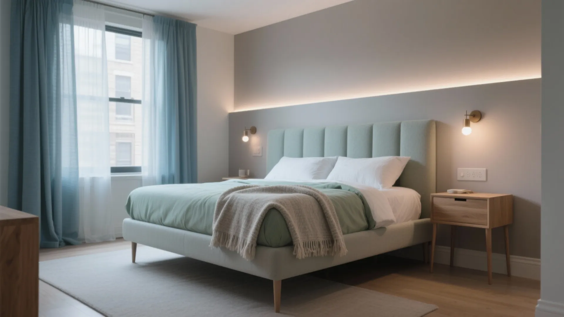 Modern bedroom with light green bed wooden side table wall lights blue curtains and white walls