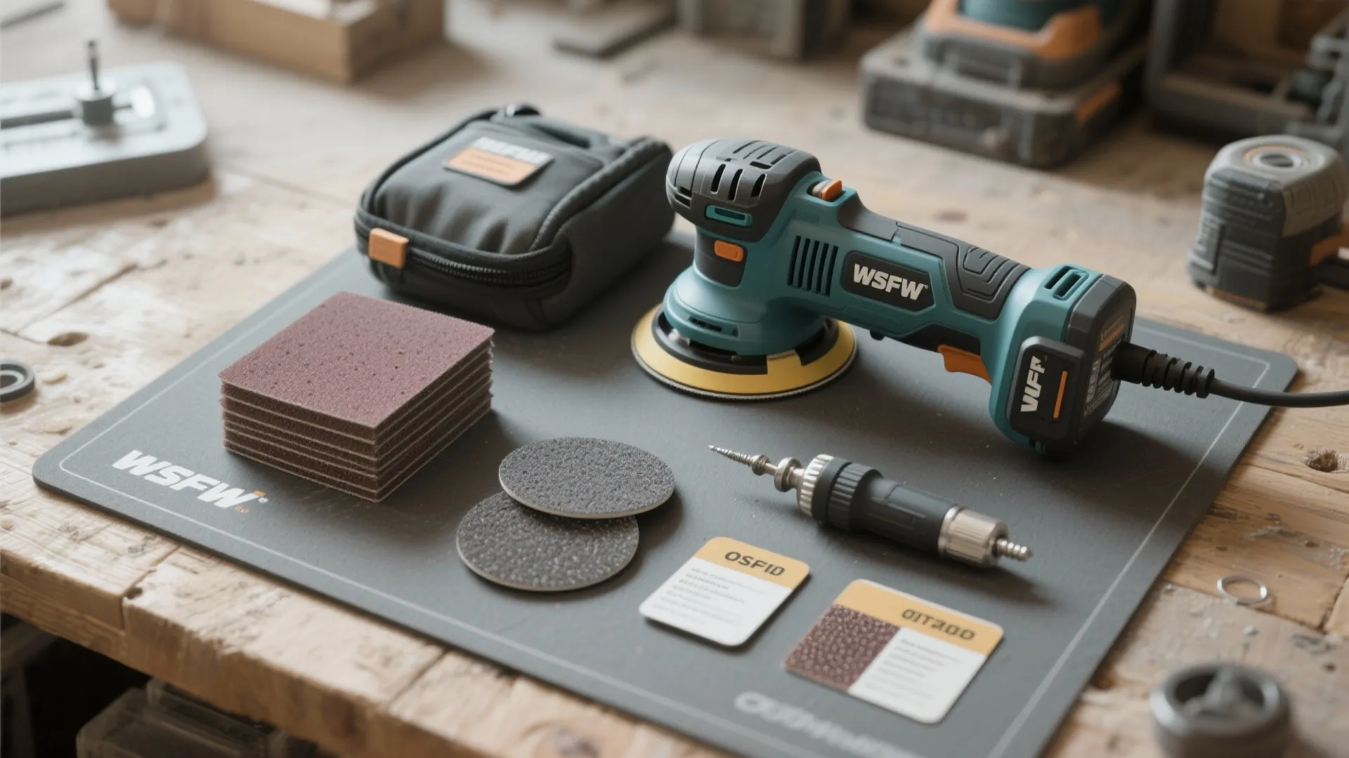 Blue electric power sander with sandpaper pads and storage bag on a grey work mat