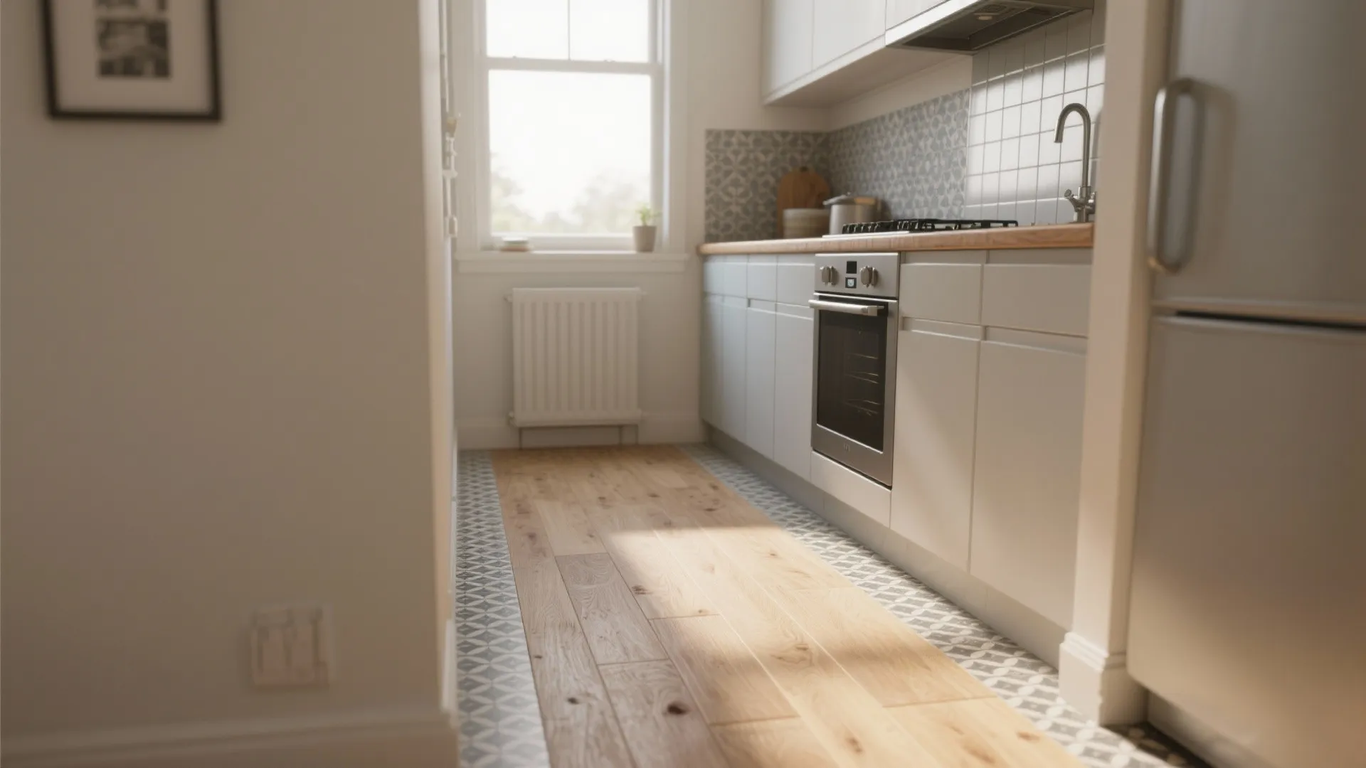 Narrow kitchen with wood floor border patterned tiles white cabinets silver oven and white wall radiator