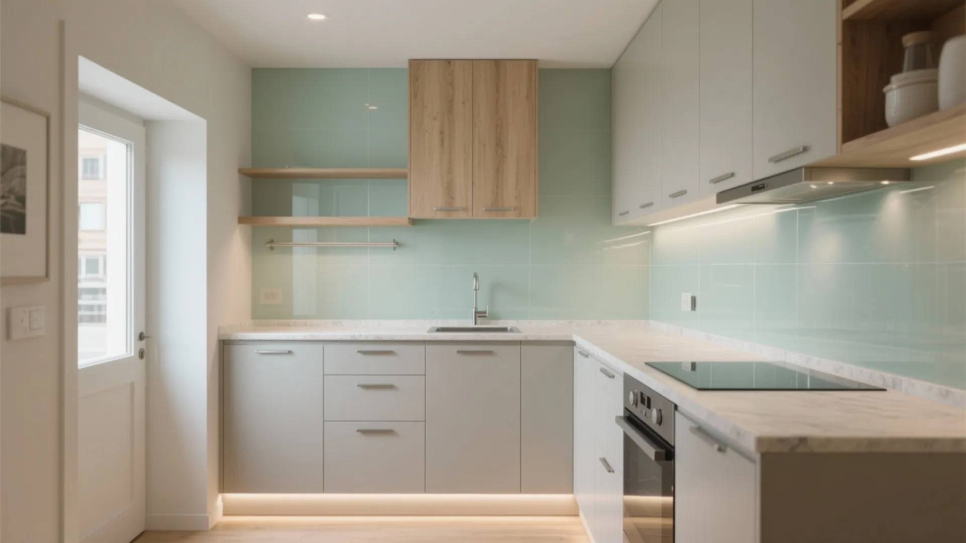 Small L-shaped kitchen layout featuring light grey cabinets mint green tiles and wooden wall shelves
