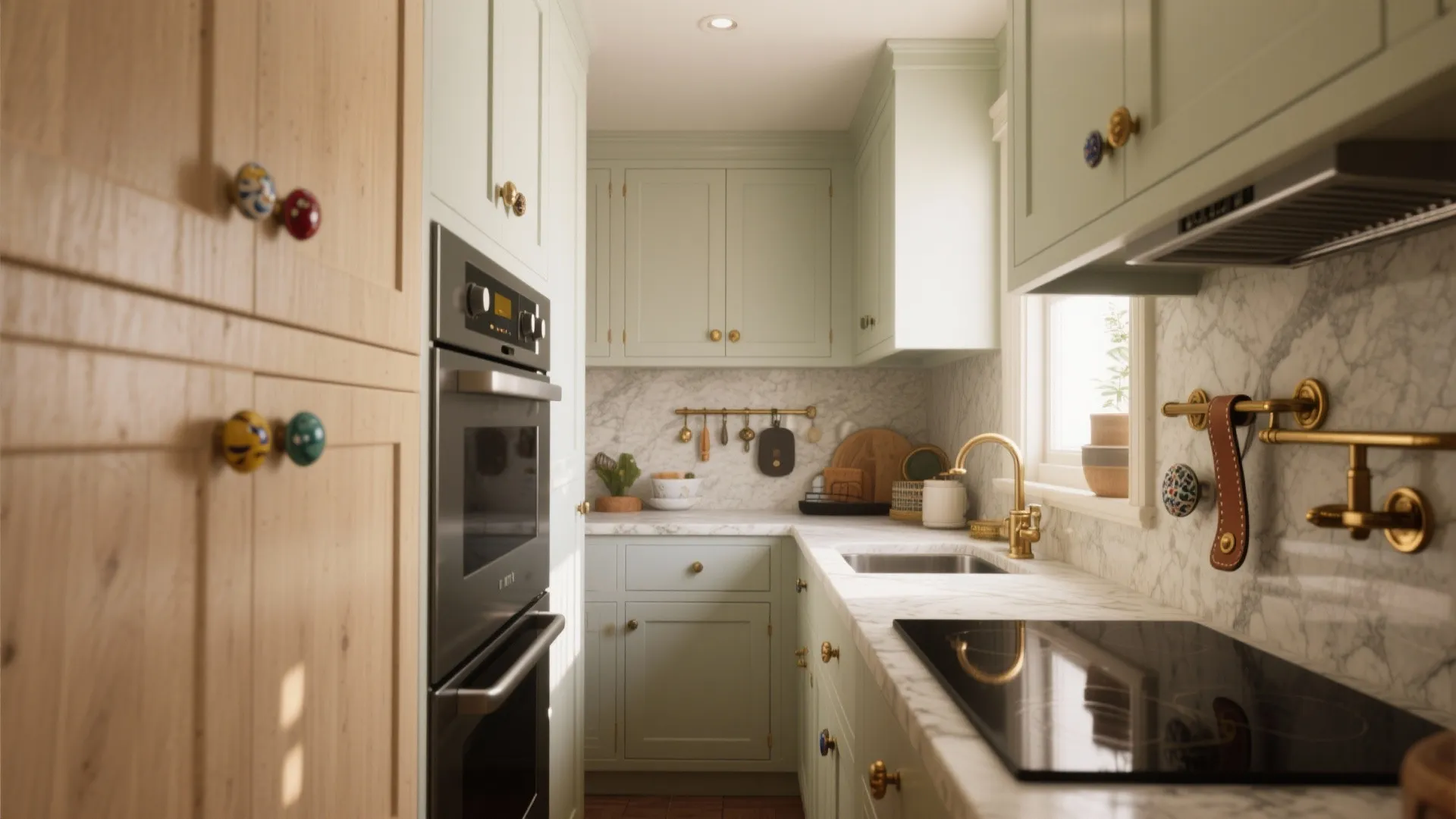Small galley kitchen with light green cabinets marble countertop gold faucet and classic style knobs