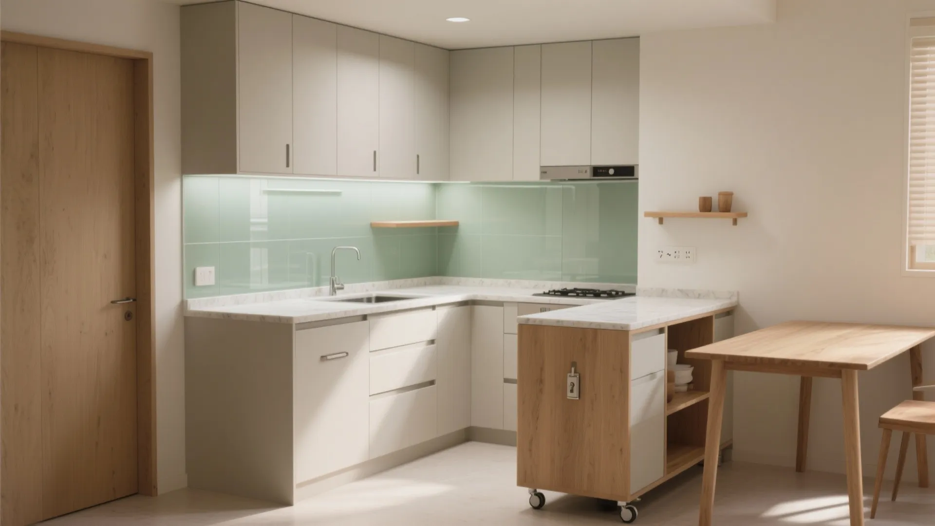 Modern small kitchen with white cabinets green wall tile marble countertop and wooden dining table
