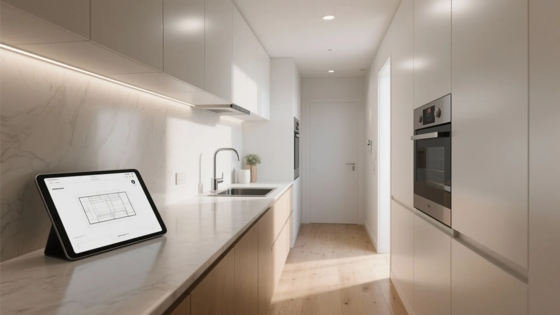 Modern white kitchen with wood cabinets and a tablet displaying an interior design floor plan