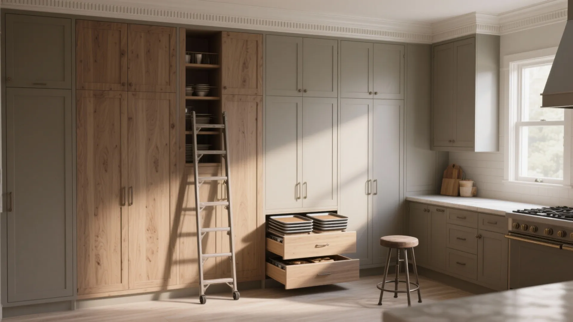 1. Go vertical: tall cabinets and toe-kick drawers