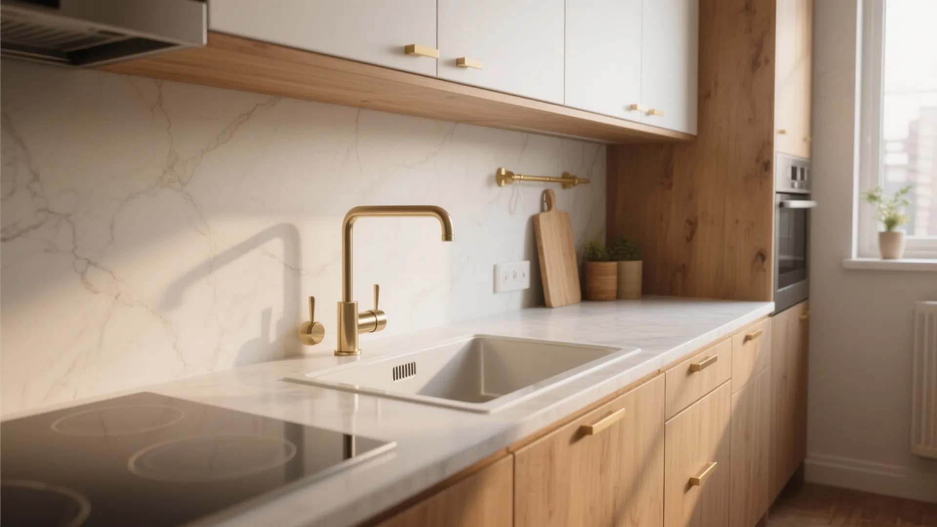 Bright kitchen with gold faucet and white sink on marble countertop and wood cabinet design