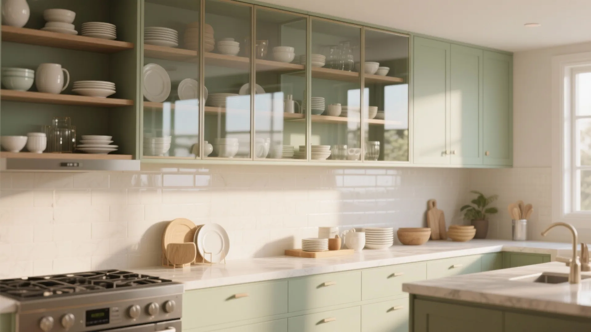 3. Open shelving + glass uppers for light and depth