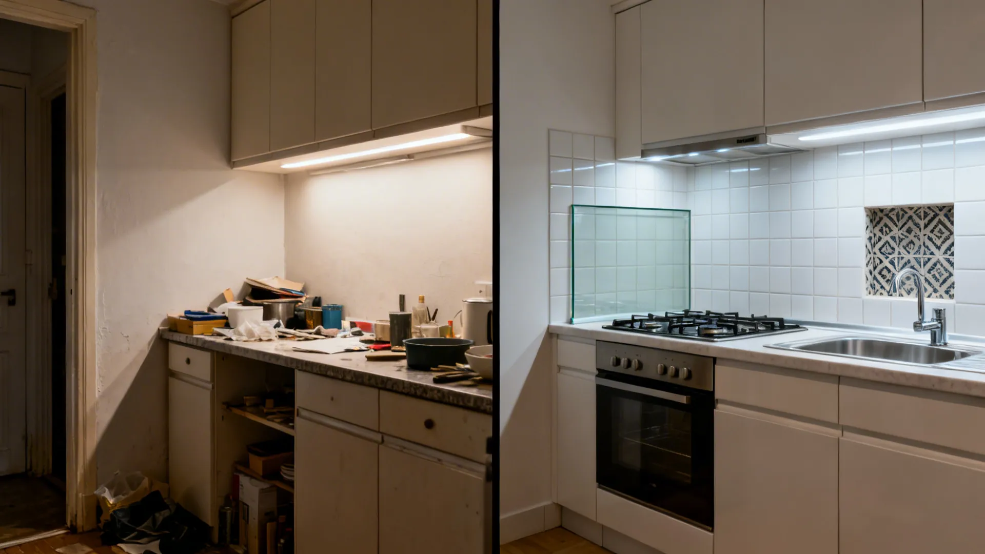 Before-and-after of a small kitchen showing tile upgrades that add light and clear zones.
