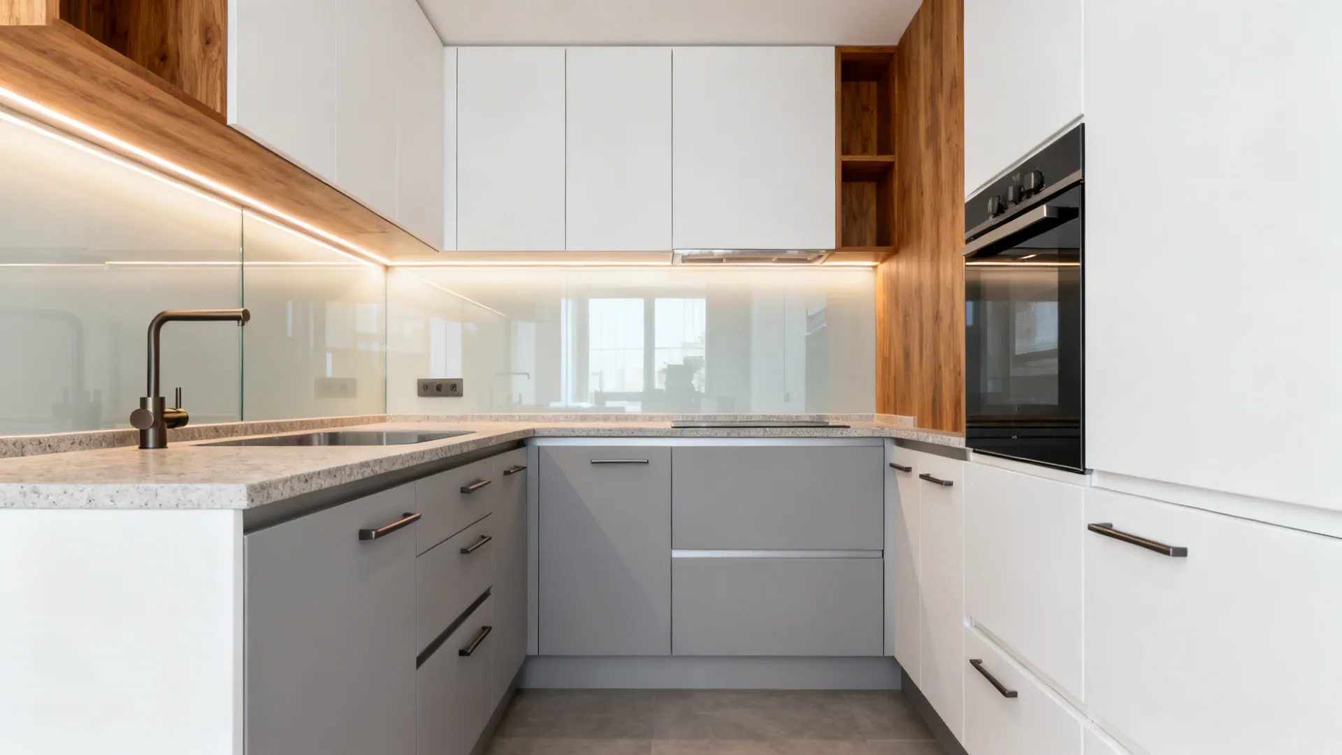 Small modern kitchen with white and grey cabinets wooden accents bright strip lighting and oven