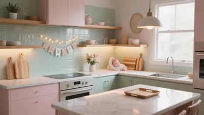 Soft Pastel Kitchen Design with Open Shelving