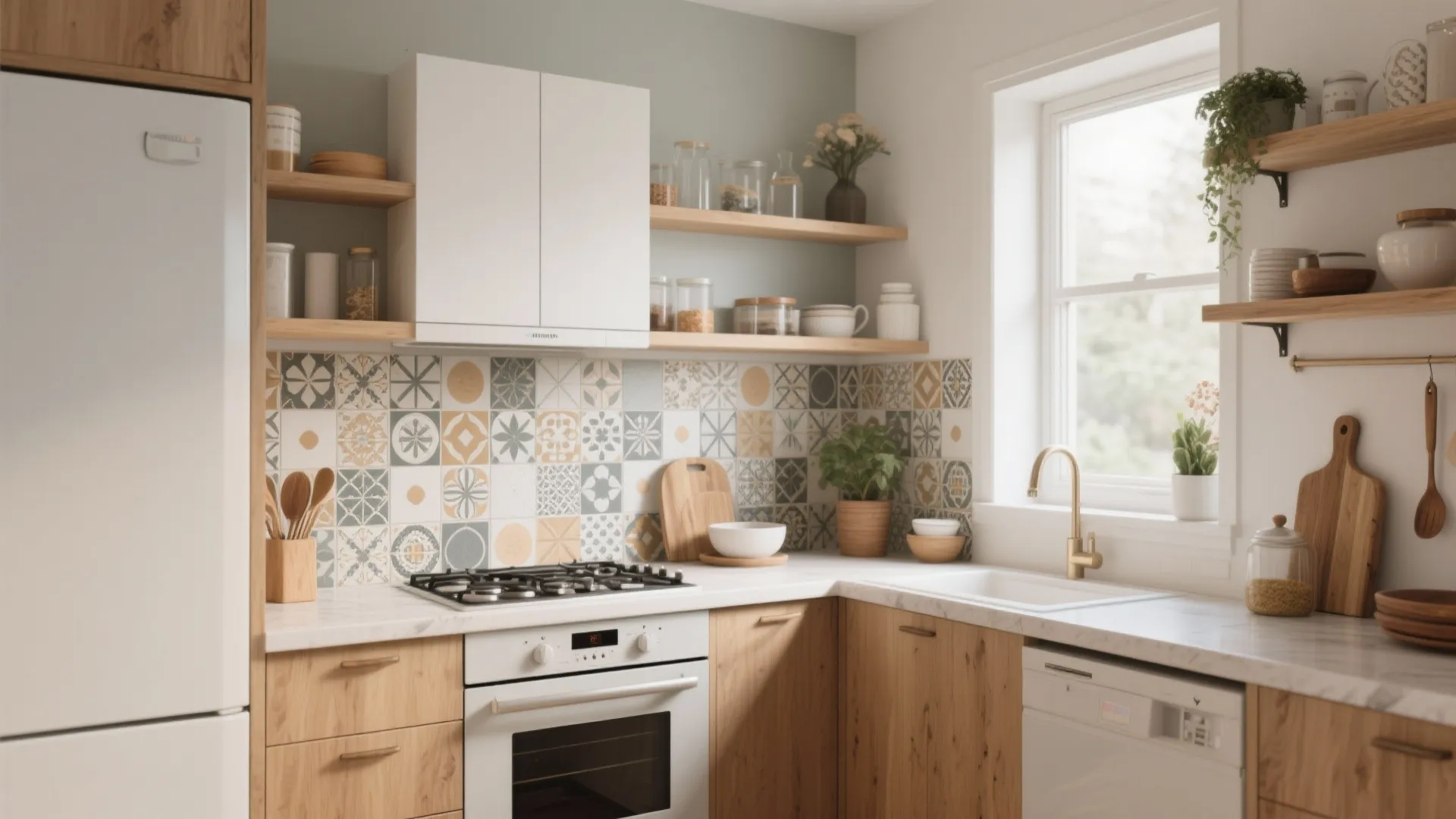 Modern kitchen with colorful pattern wall tiles, white counters, wood cabinets, and natural window light