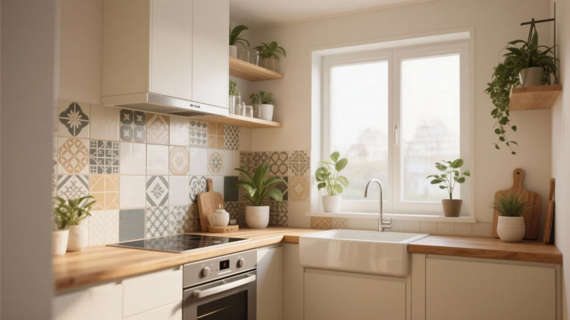 Bright kitchen with white sink wood counter top green plants and patterned wall tile wall panel