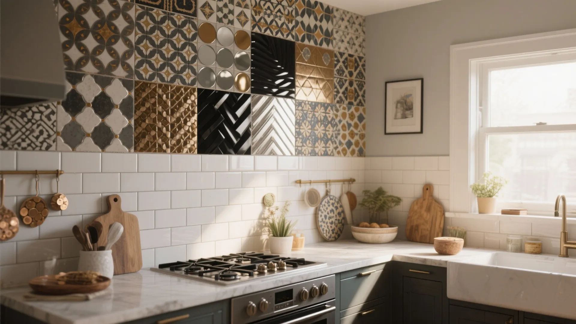Bright kitchen with mixed pattern wall tiles above white tiles and dark green cabinets near sink