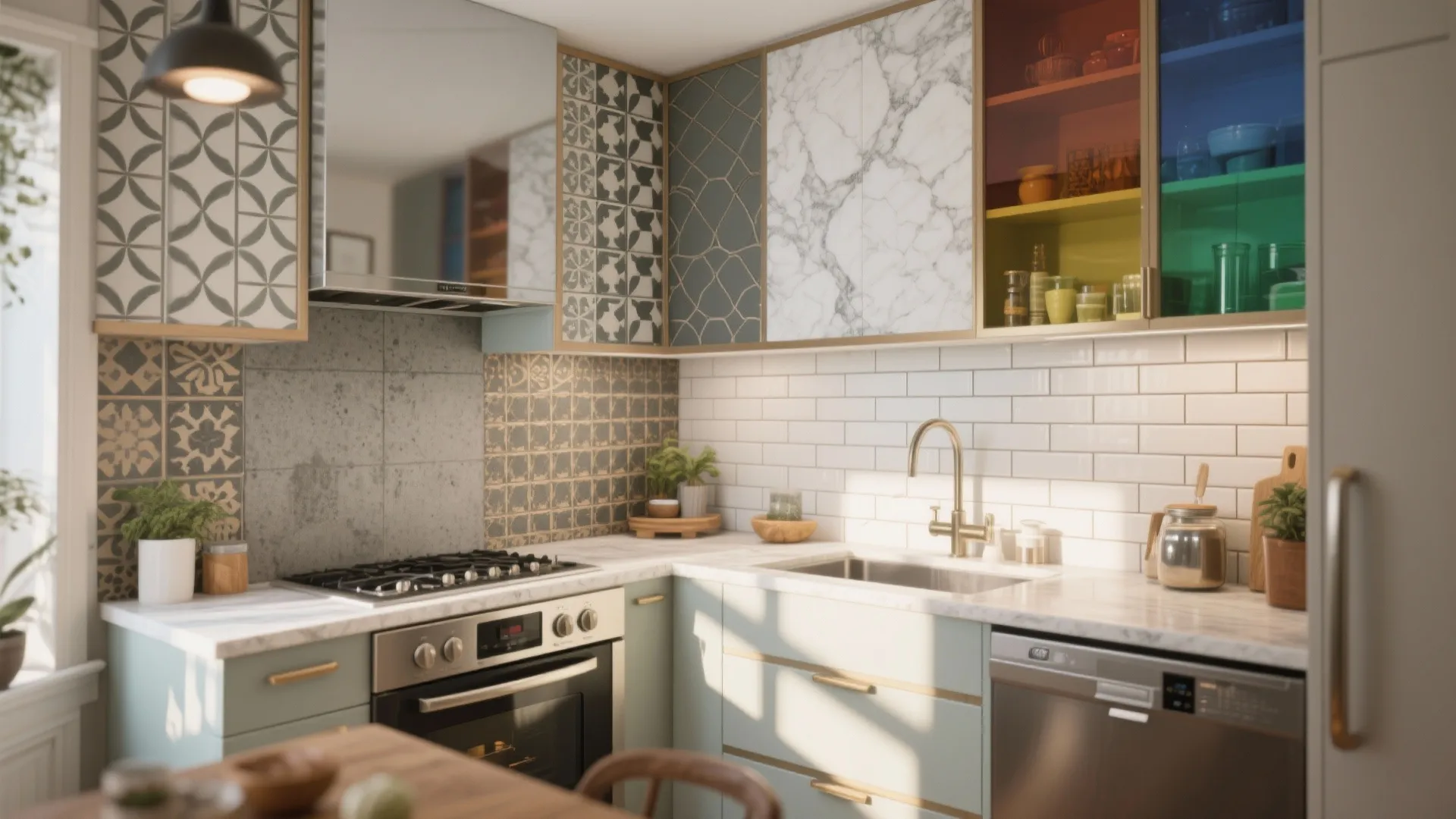 Modern small kitchen with patterned wall tiles colorful cabinet doors white brick backsplash and marble countertop