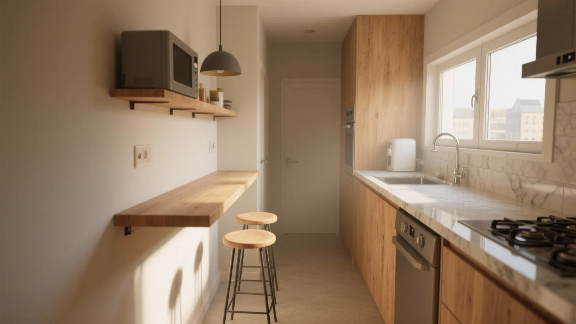 Small modern kitchen featuring wooden cabinets white marble countertop grey stove and wall mounted breakfast bar